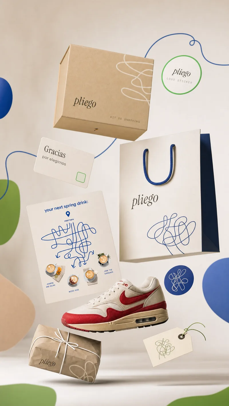 Kit de packaging Pliego — caja, bolsa, sticker y tarjeta de agradecimiento